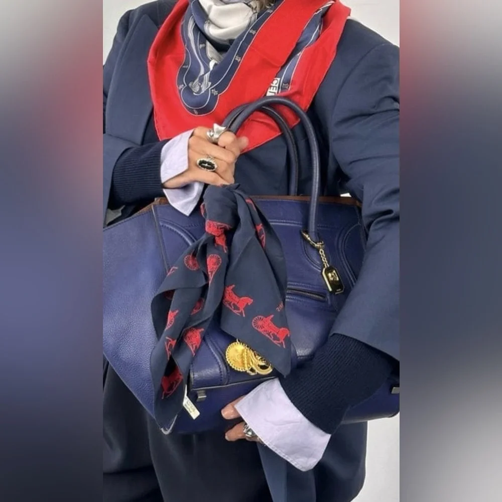 Celine Paris Navy and Red Silk Long Scarf